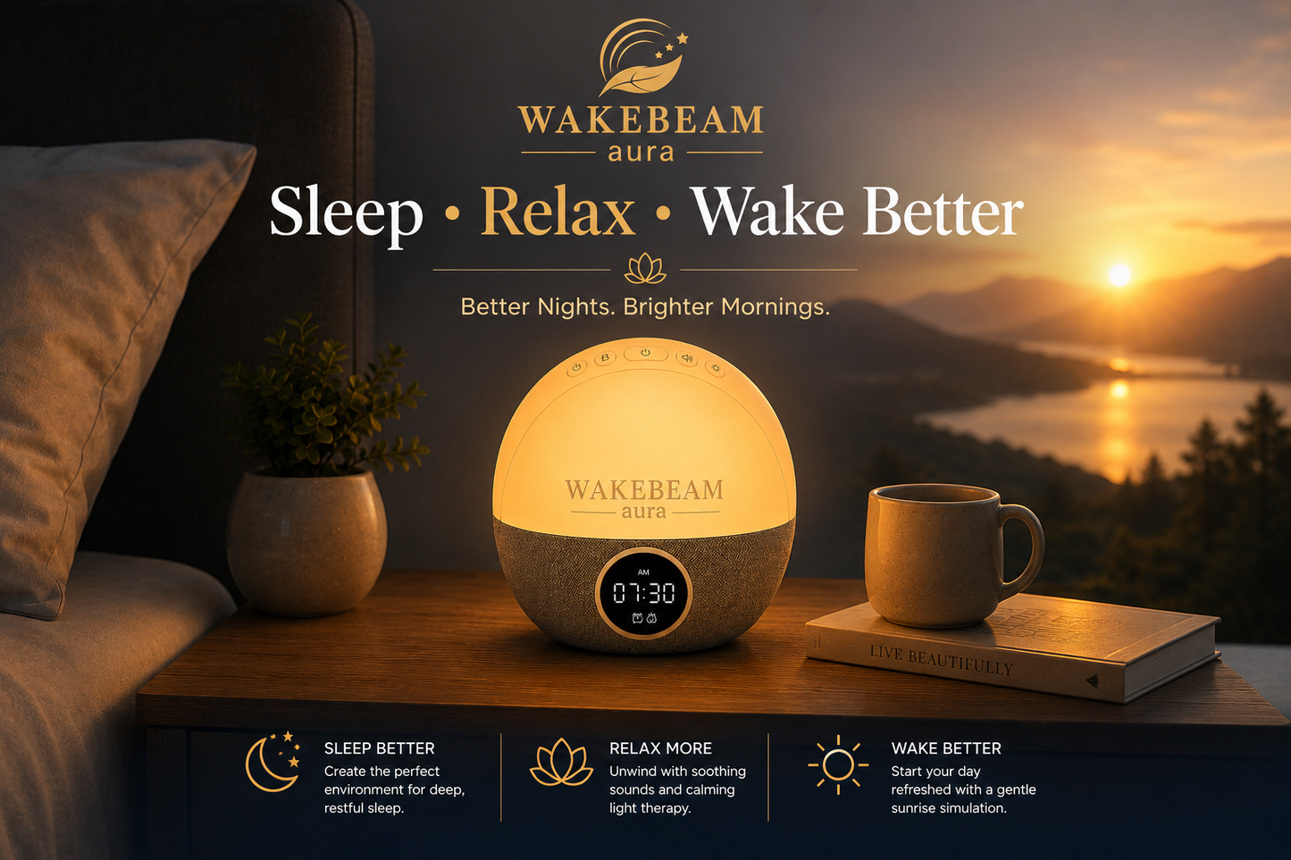 WakeBeam Aura™ – Réveil simulateur d'aube intelligent pour un réveil naturel
